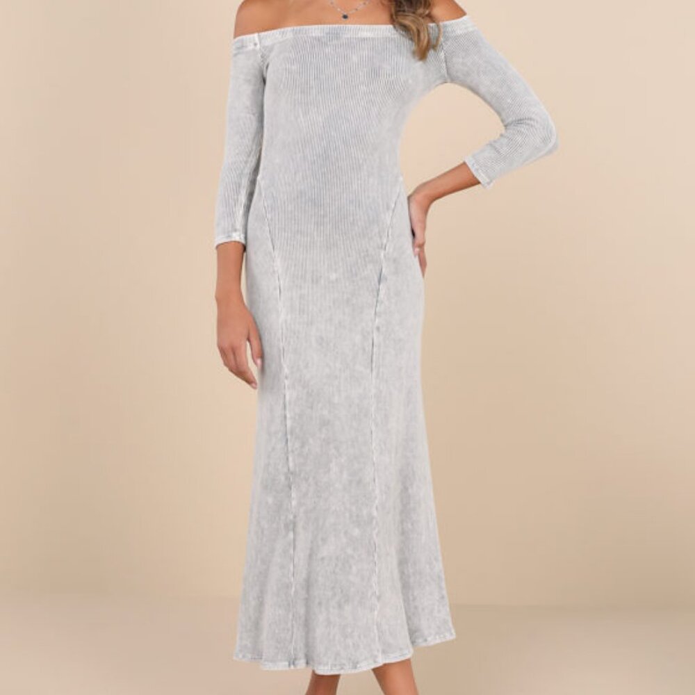 Lulus Remarkably Cool Washed Grey Ribbed Off-the-shoulder Midi Dress - Size S